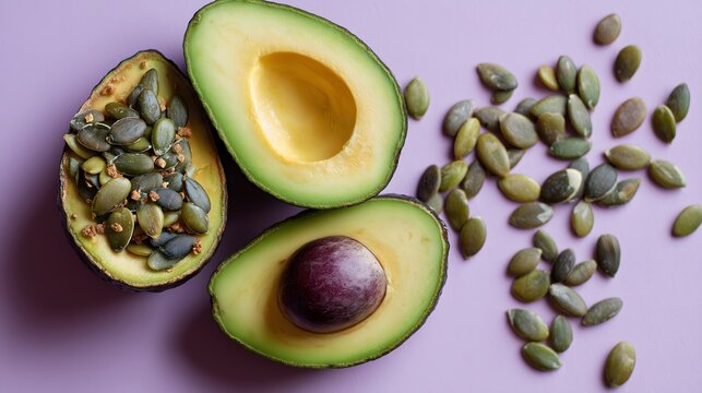 Ripe avocado halves and pumpkin seeds on pastel background. Healthy fats, zinc for pregnancy. Flat lay, prenatal nutrition.