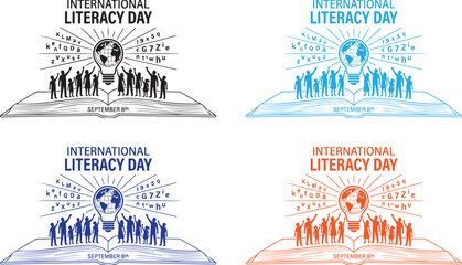 International Literacy Day banner template with group of people standing on open book vector design © Mim