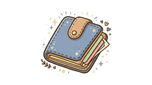 Cute hand-drawn blue wallet with cash on white background
