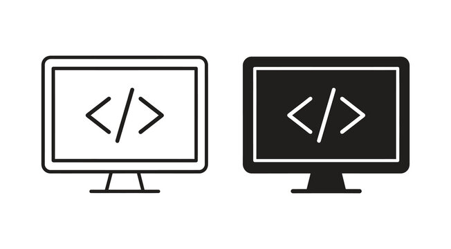 Code development icons on monitor screen in outline and solid style. Vector illustration