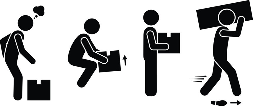 Manual handling instructions vector illustration showing safe lifting techniques and ergonomics for workers in warehouse and logistics