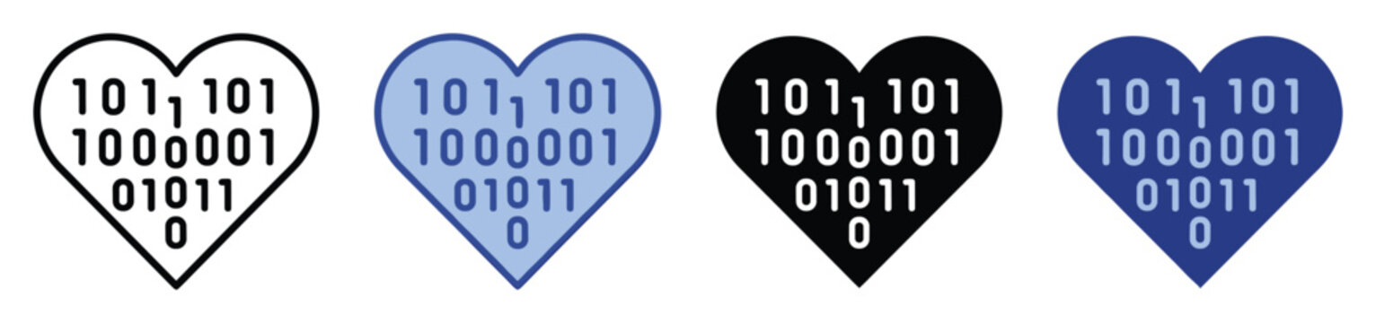 Set of heart icons with binary code representing digital love and connection, perfect for technologythemed applications and romantic digital content development