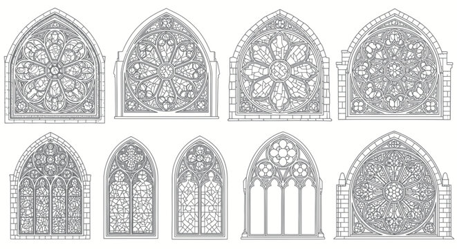 Gothic Rose Window Collection: Intricate Architectural Line Art Illustrations