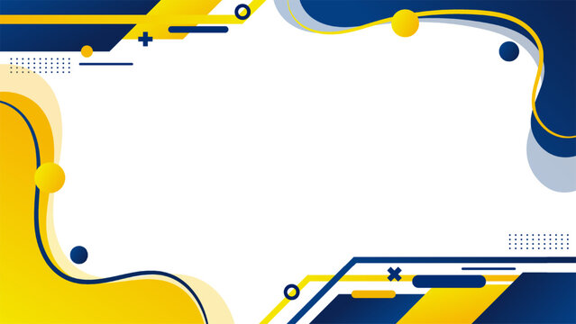 Abstract background with navy blue and yellow geometric shapes dynamic fluid curves and clean white central copy space, business presentation template banner design