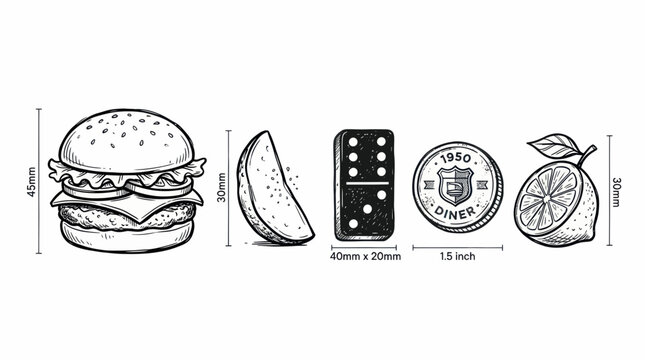 Burger, Wedge, Domino, Coin, Lemon Slice With Dimensions - Hand Drawn Style