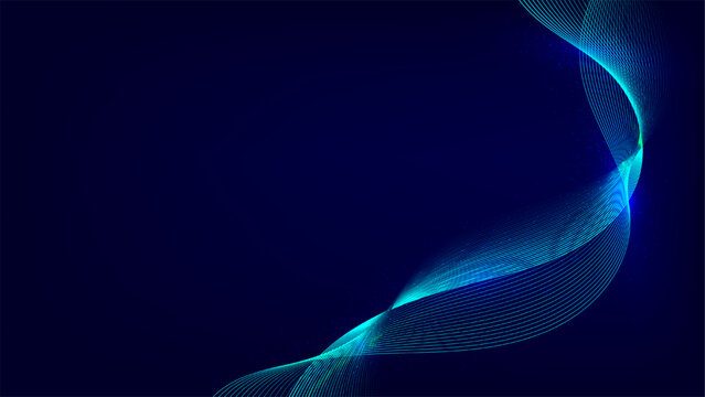 Abstract digital background with glowing blue and cyan flowing wave lines and light particles for modern technology and futuristic web design projects