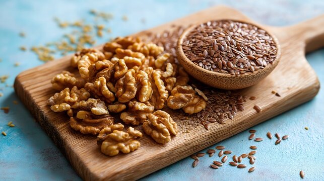 Walnut halves and golden flax seeds on wooden board. Omega-3 for fetal brain development. Flat lay, prenatal nutrition.