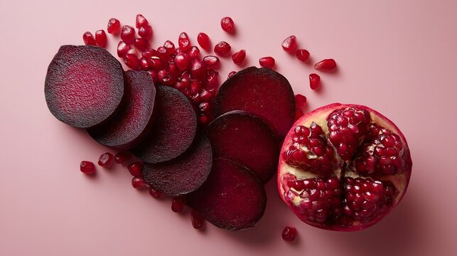 Vibrant red pomegranate arils and thinly sliced raw beetroot. Iron, antioxidants for pregnancy. Flat lay.