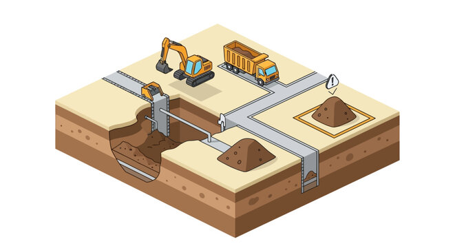 Isometric construction site featuring excavator and underground pipe installation project