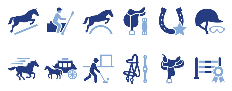 Set of equestrian sport icons featuring horse jumping, jockey, riding equipment, and horse carriage for equine themed visual content and informational graphics