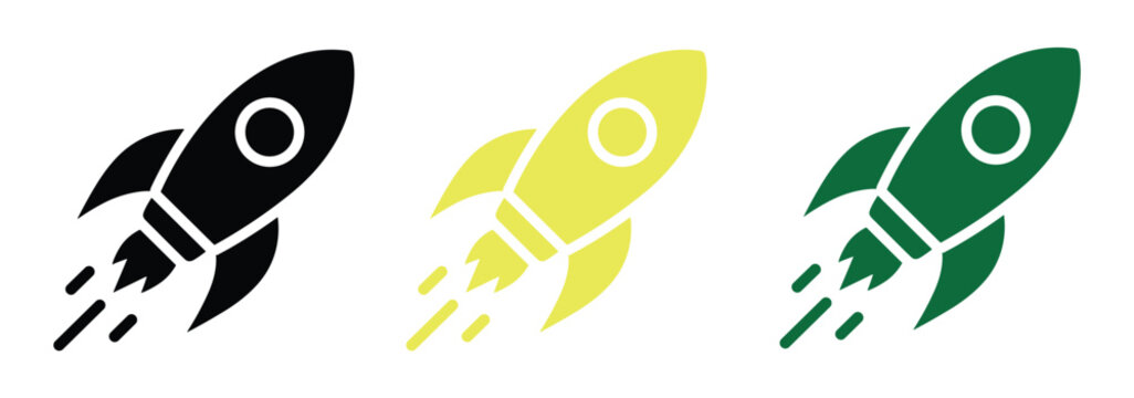 Three rocket icons in different colors: black, yellow, and green, flying upwards with flames trailing behind