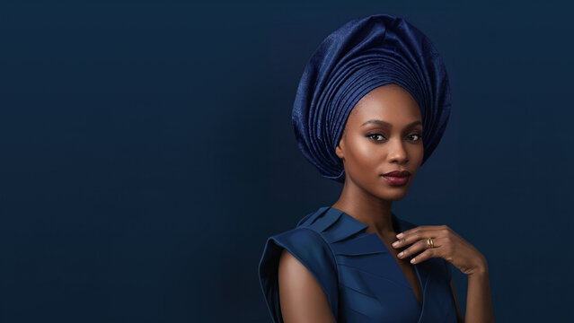 Beautiful Nigerian woman in a structured blue turban and matching dress against a dark background. This minimalist rule of thirds composition offers ample copy space.
