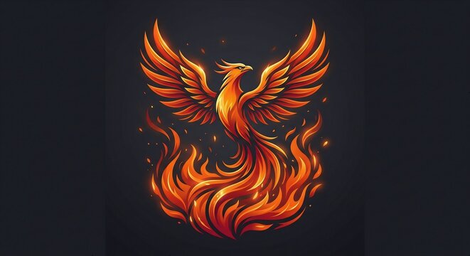 Phoenix bird rising from fire flames artistic illustration with mythical abstract creature dramatic mystical