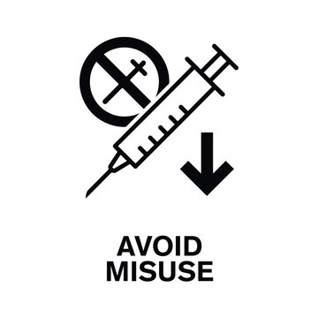 Syringe prohibition sign a black silhouette against a white background indicating medical restriction and safety administration alert antidote arrow