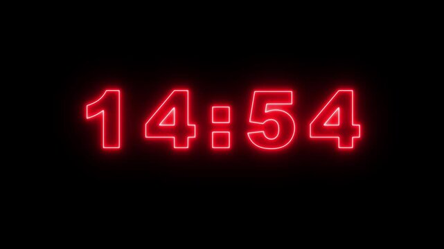 Glowing neon 15 minute Countdown. neon 15 to 14 minute Countdown timer on black background. neon Countdown timer from 15 minute to 14 minute suitable for 4k animation video.