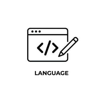 Code editor icon with pencil representing software development and programming in a line style coding scripting markup language html