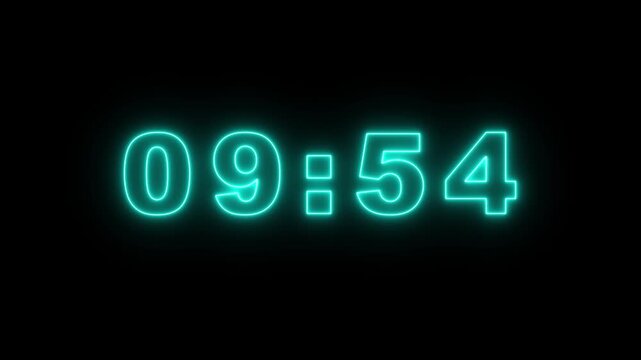 Glowing neon 15 minute Countdown. neon 10 to 9 minute Countdown timer on black background. neon Countdown timer from 10 minute to 9 minute suitable for 4k animation video.