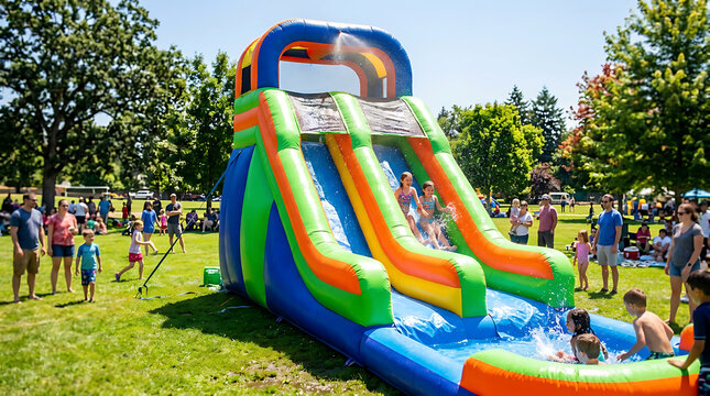 Children enjoying a vibrant inflatable water slide on a sunny summer day in an outdoor park