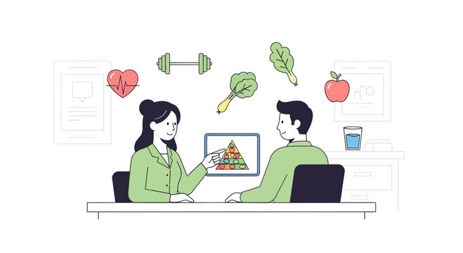 Nutritionist consults man on healthy eating pyramid and diet