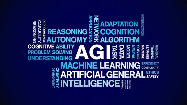 AGI Artificial General Intelligence animated word cloud-gross domestic product animation tag kinetic typography seamless loop.