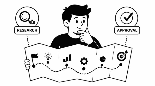 Business professional analyzing research and approval process illustration.