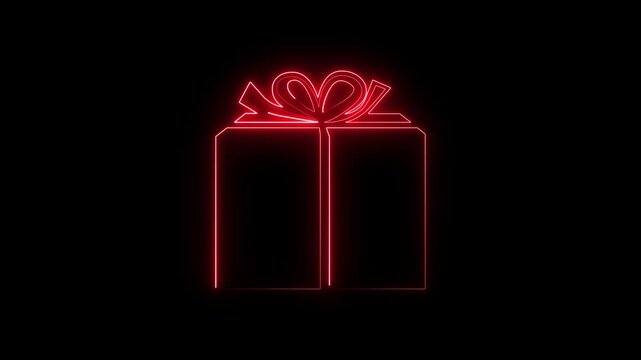  neon gift box icon animation with ribbon and bow on dark background. Bright outline style representing celebration, surprise, present, discount, bonus and special offer. Perfect for holiday