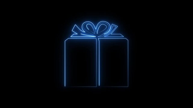  neon gift box icon animation with ribbon and bow on dark background. Bright outline style representing celebration, surprise, present, discount, bonus and special offer. Perfect for holiday