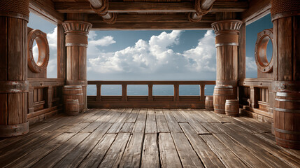 Naklejka premium Wooden pirate ship deck empty sea view stage open sky background rustic cabin interior nautical scene clouds ocean horizon timber floor porthole