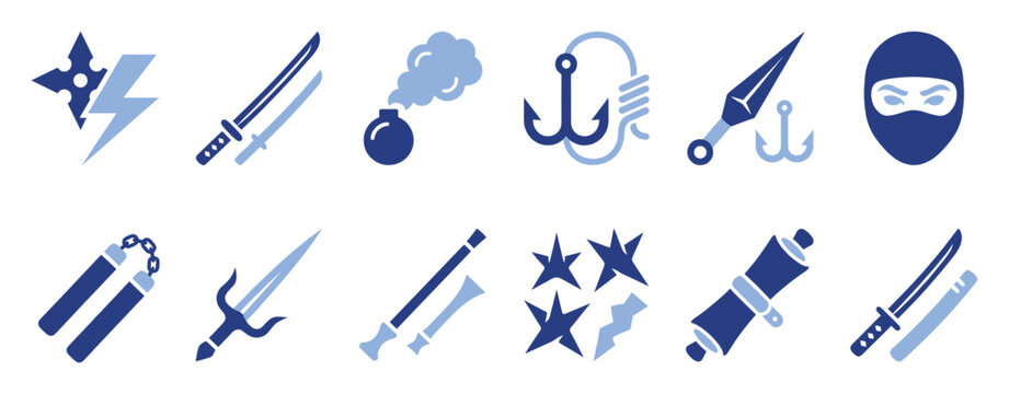 Set of ninja weapon and tool icons including shurikens katana nunchaku sai grappling hook blowgun smoke bomb and scroll useful for martial arts game or adventure concepts.