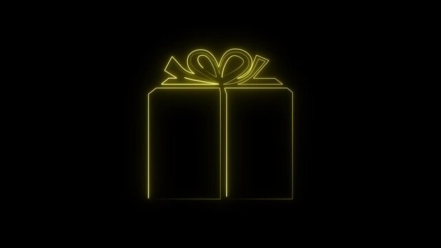  neon gift box icon animation with ribbon and bow on dark background. Bright outline style representing celebration, surprise, present, discount, bonus and special offer. Perfect for holiday