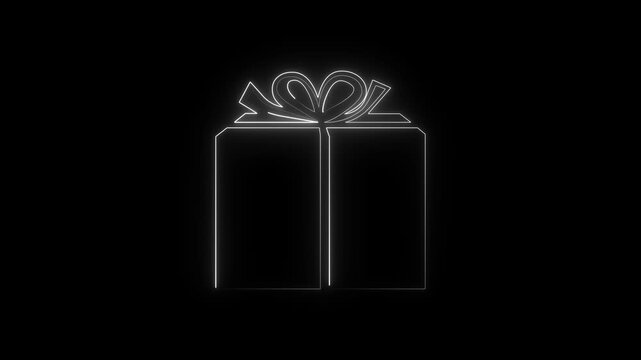  neon gift box icon animation with ribbon and bow on dark background. Bright outline style representing celebration, surprise, present, discount, bonus and special offer. Perfect for holiday