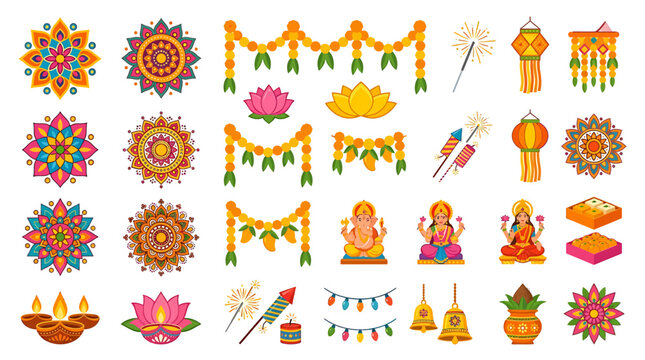 Vibrant Diwali festival decorations and symbols arranged on a white background