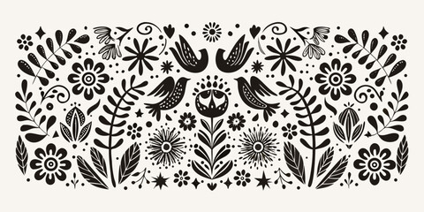 Floral ornament with birds and leaves a black and white vector illustration foliage botanical flower © Asit