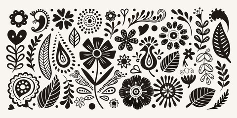 Floral ornament collection black and white vector illustration with stylized botanical elements flower foliage leaves © Asit