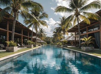 Fototapeta premium Serene swimming pool surrounded by tall palm trees in tropical resort