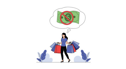 Fototapeta premium Young woman carrying shopping bags while thinking about a crossed out dollar bill suggesting budget limitations.