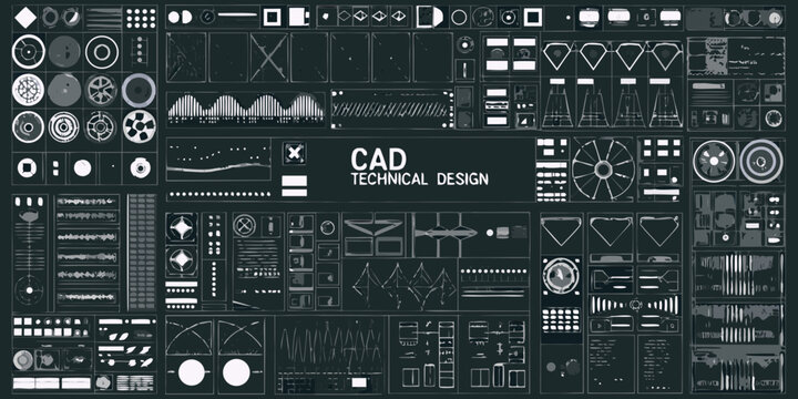 Technical Label Design Elements In Teal Blueprint Style A Collection Of Mechanical Components drawing engineering