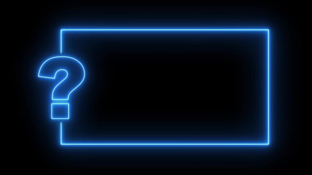 Question mark neon sign light on black background. Quiz trivia game competition. blue neon question mark frame for quizzes and FAQs. Game announcement neon message.