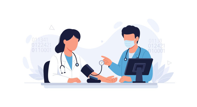 Medical Consultation: Doctor Checks Patient's Blood Pressure with Modern Technology and Digital Data