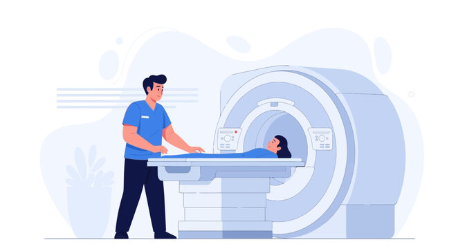 Medical MRI Scan Illustration: Patient Undergoing Magnetic Resonance Imaging with Technician