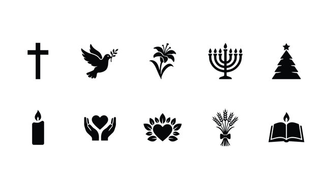 Set of religious and spiritual symbols featuring cross dove menorah and christmas tree.