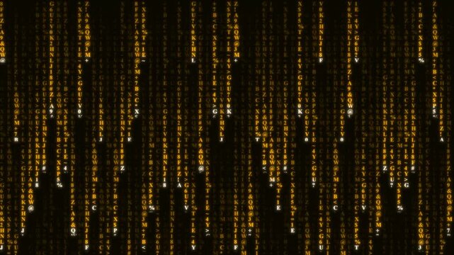 Golden runes code digital rain falling in yellow magic cyber background