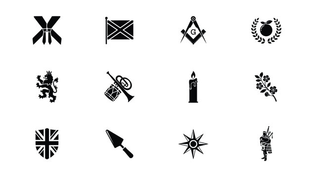 Scottish culture icon set with kilt, flag, freemason symbol, laurel wreath, lion.