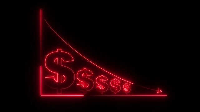 Glowing neon Quality control and company cost reduction. Cost reduction icon animation. Cost decrease money down arrow. corporate business efficiently save cost 4k animation video.
