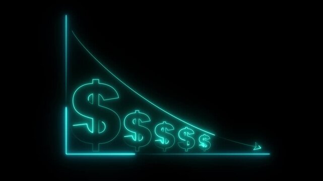 Glowing neon Quality control and company cost reduction. Cost reduction icon animation. Cost decrease money down arrow. corporate business efficiently save cost 4k animation video.