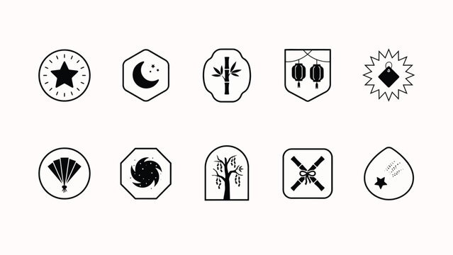 Assorted circular and hexagonal geometric shapes containing celestial and plant symbols.