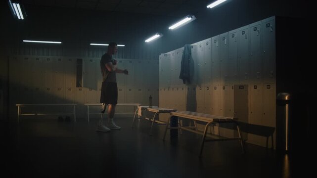 Young Man with Prosthetic Leg Performs Warm Up and Stretches in Sunlit Gym Locker Room, Picks Up Water Bottle, and Prepares to Leave For Intense Training Session. Determination and Active Life.