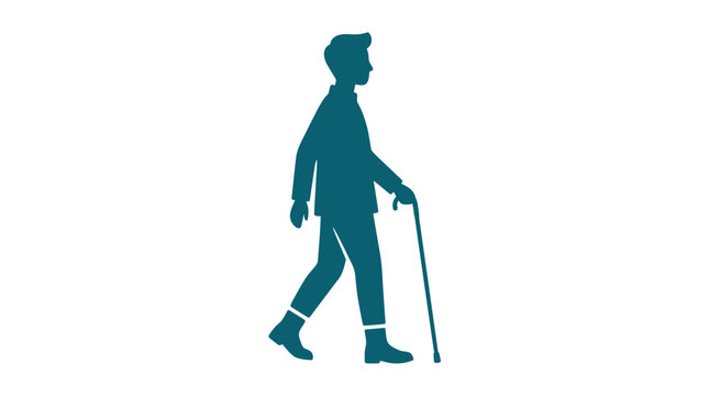Blue silhouette of man walking with white cane.
