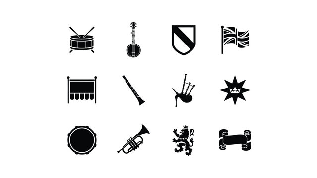 Collection of Scottish cultural and military icons drum bagpipes flag shield trumpet.