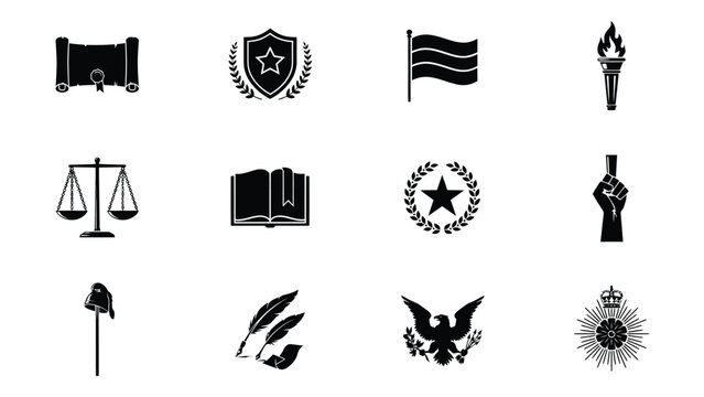 Justice and law symbols set. isolated black icon collection, including scroll, shield, flag.